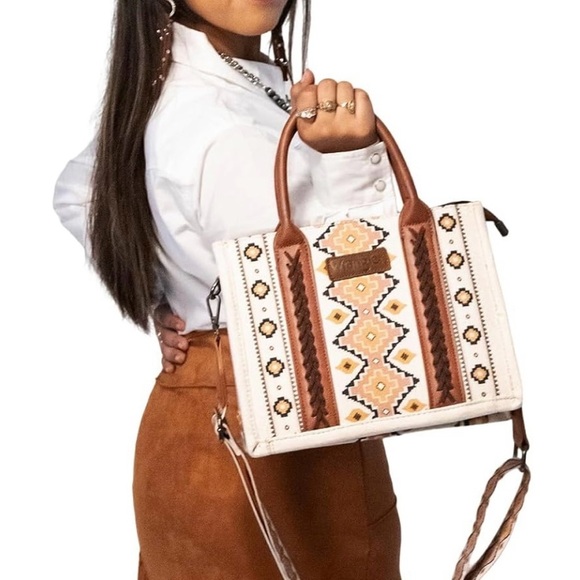 Western style canvas Aztec pattern top handle crossbody small tote - Picture 2 of 6